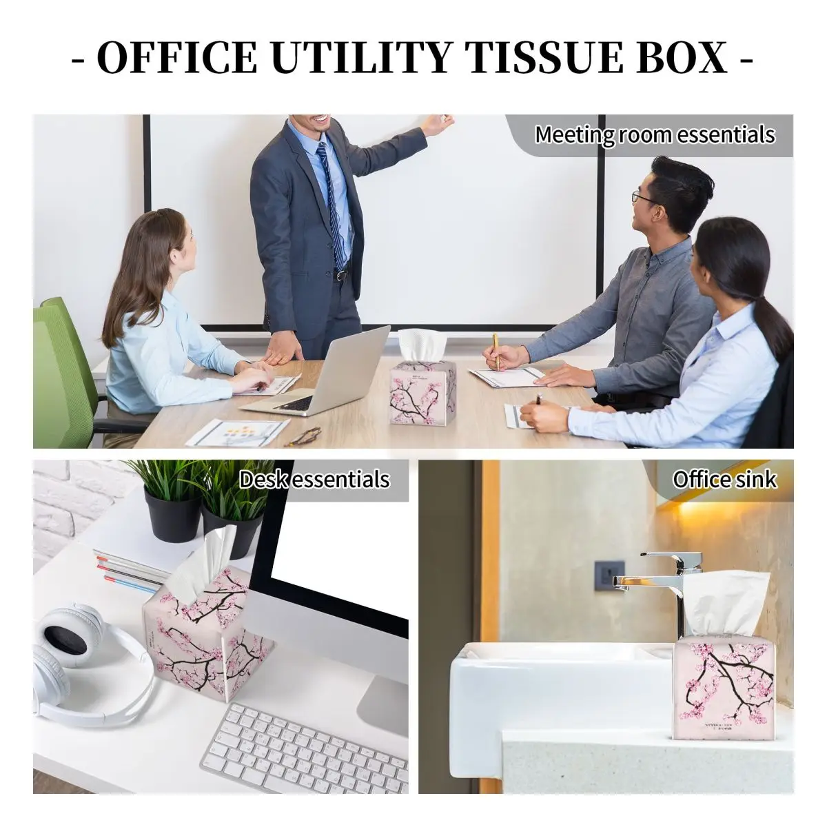 Custom Pink Floral Cherry Blossom Tissue Box Cover PU Leather Square Japanese Sakura Flower Facial Tissues Holder for Home 6