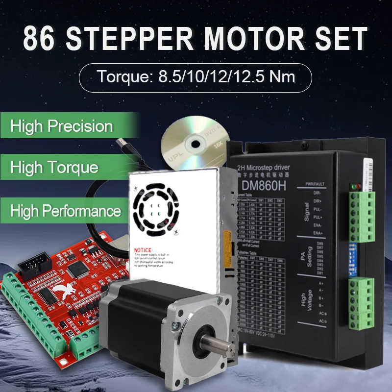 Nema 34 스테퍼 모터 토크 8.5Nm(L=118mm)/10Nm/12NM/12.5Nm+드라이버 DM860H/MA860H+60V 전원 공급 장치+4/5축 제어 보드