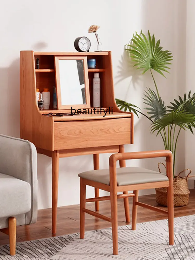 zqDressing Table Bedroom Modern Simple Small Makeup Table Mirror Small Apartment All Solid Wood Makeup Table