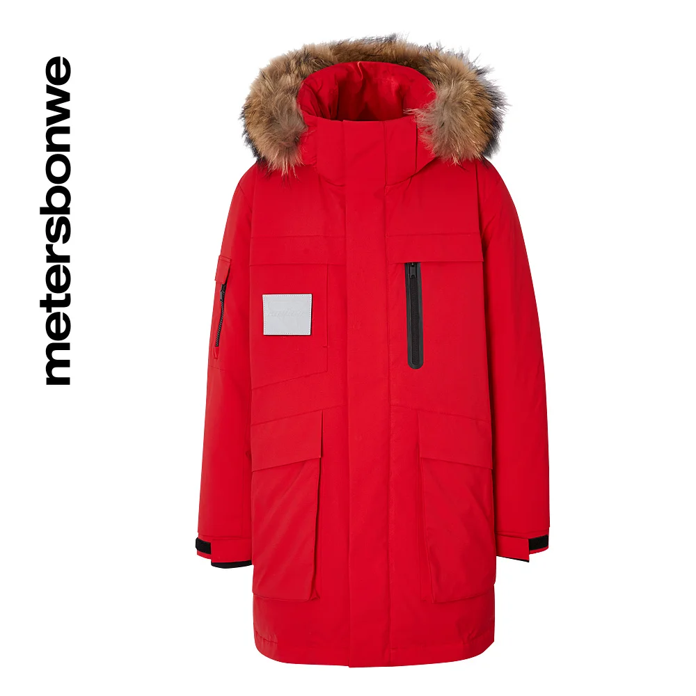 Metersbonwe Long Down Jacket Winter Men Fur Collar Hooded Thick Winter Down Coat Fashion Overcoat Pocket  Red Outerwear Warm