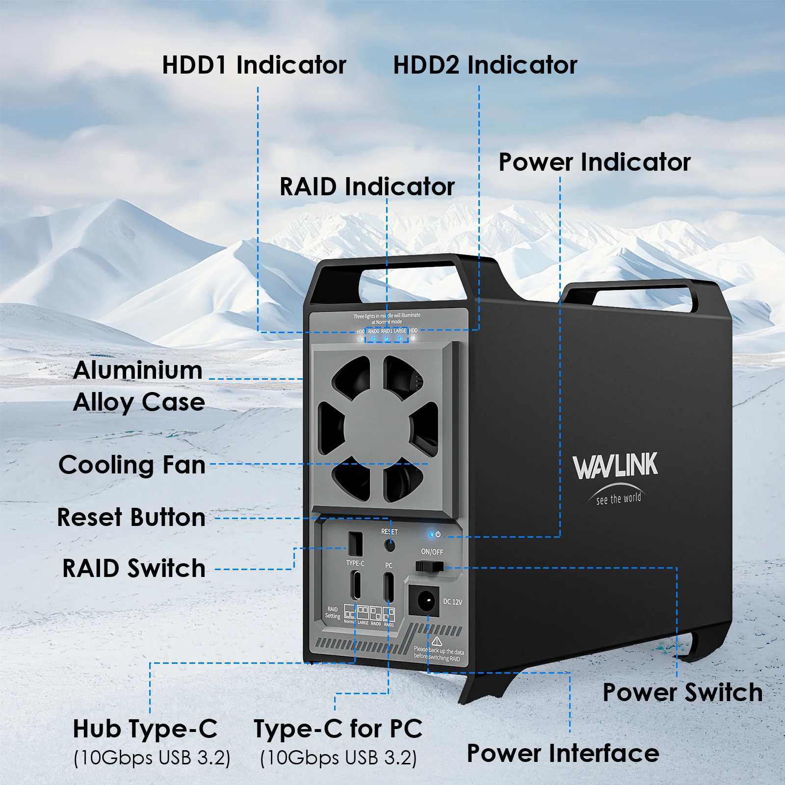 WAVLINK 2베이 하드 드라이브 인클로저 (3.5인치 및 2.5인치 SATA HDD/SSD용) 10Gbps USB-C 3.2 44TB 용량, 내장 냉각 팬 탑재