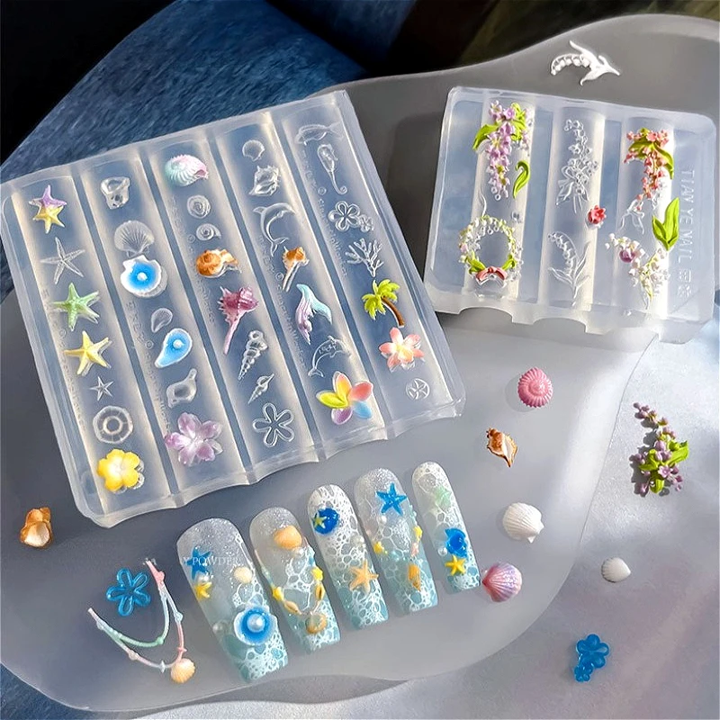 리본 나비넥타이 레이스 장미꽃 그리드 조가비 해파리 별 달 체인 네일아트 실리콘 조각 몰드 템플릿
