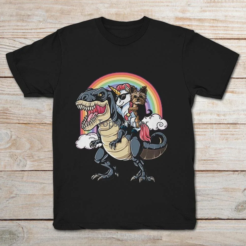 

Yorkie Terrier And Unicorn Riding T-Rex Rainbow Funny Black T-Shirt Cartoon T Shirt Men Unisex New Fashion Tshirt