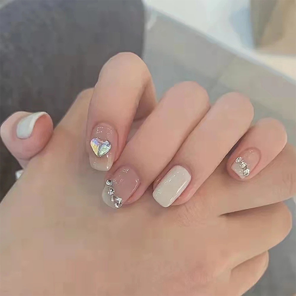 24pcs Press On Nails Square Peach Love Heart Rhinestones Fake Nails Short  French Sweet Style Designs False Nails Finger Tip Art - False Nails -  AliExpress