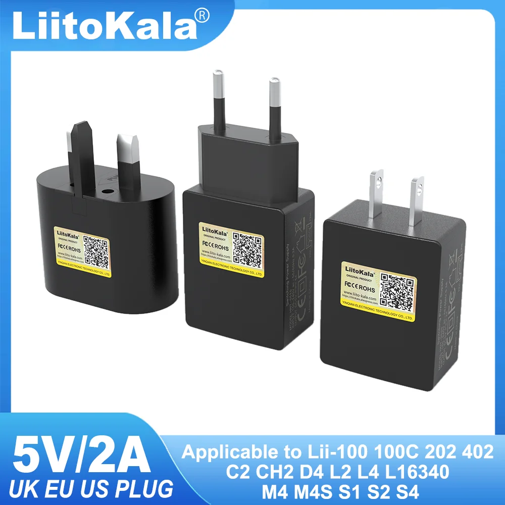 LiitoKala USB 휴대용 플러그, LII-S2 S4, CH, C2, Lii100, Lii202, Lii402 충전기, 범용 EU, US, UK 플러그, 5V 2A
