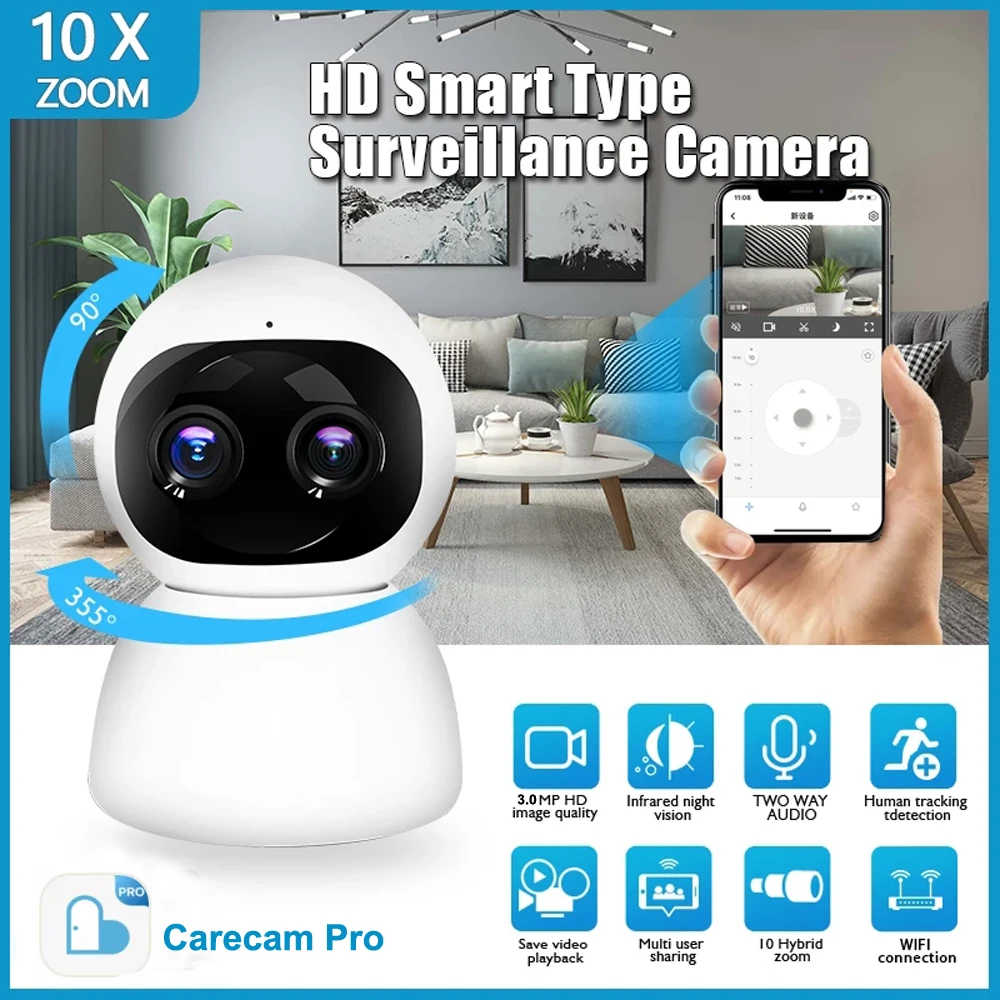 3MP Dual Lens Security Camera Wifi Camera Indoor 10X Zoom Surveillance Cameras Two Way Audio Auto Tracking CCTV PTZ Baby Monitor