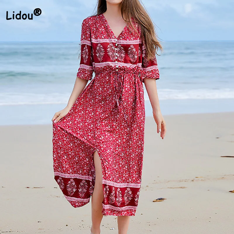 

Bohemian V-neck Seaside Holiday Dress for Womens Plus Size Summer Floral Breastplate Half Sleeve Loose Split Hem Midi Dresses