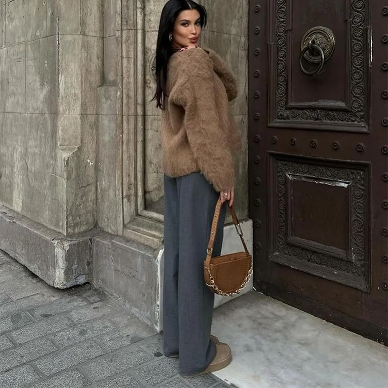 Fashion Burgundy Red Double Breasted Overcoat Women Lace Up Loose Lapel Pockets Long Sleeve Coat New High Street Outerwear