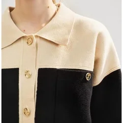 2024 New Brand Women Knitted Cardigan Commute Polo Collar Single-Breasted Splicing Fashion Ladies Short Knit Coat Sweaters