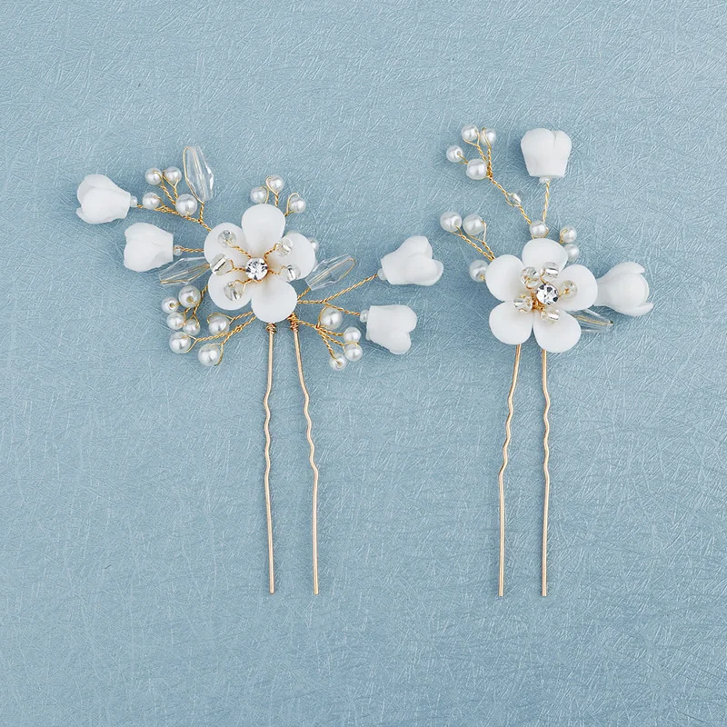 White Ceramic Flowers Updos Hair Pins for Bride Bridesmaids Flower Girls Handmade Headdress Hairpin Accessories for Bride