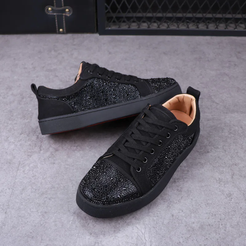 New Designer Fashion Men's Charm Rhinestone Black White Lace Up Shoes Male Causal Flats Moccasins Walking Sneakers 4