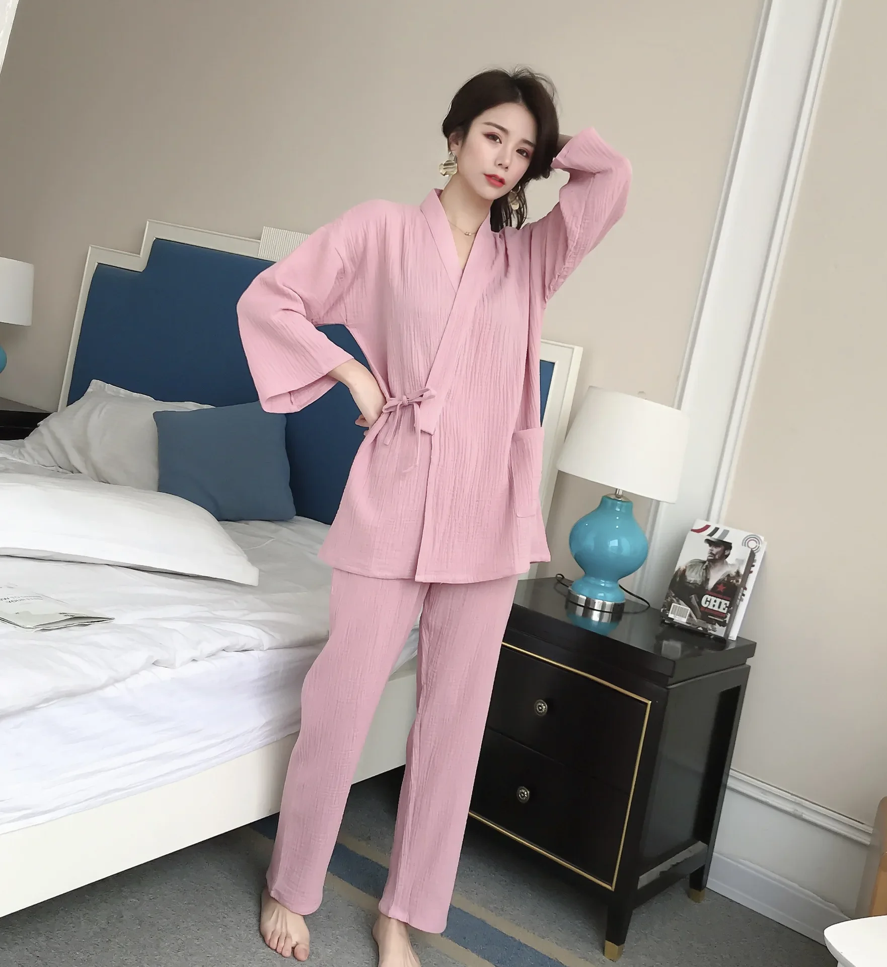 커플 솔리드 컬러 코튼 긴 소매 기모노 가운 긴 바지 2 Pcs 세트 Homewear Loungewear 여성 잠옷 의류