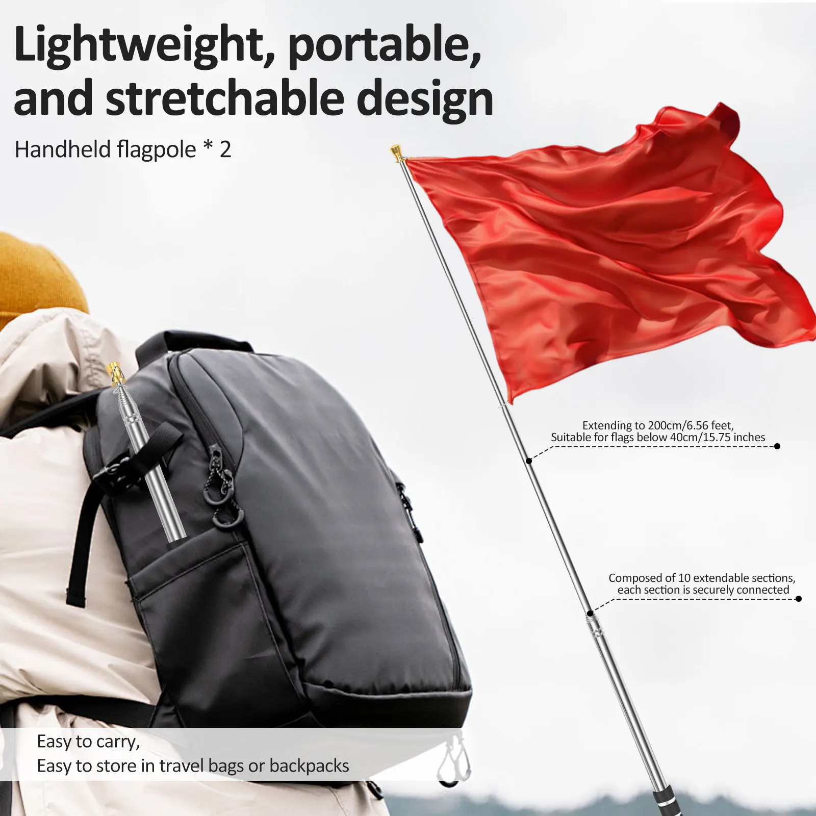 2Pcs Portable Telescopic Flag Pole 2/2.5/3M Stainless Steel Handheld Flag Pole with Spring Carabiner & Clip Tour Guide Flag Pole