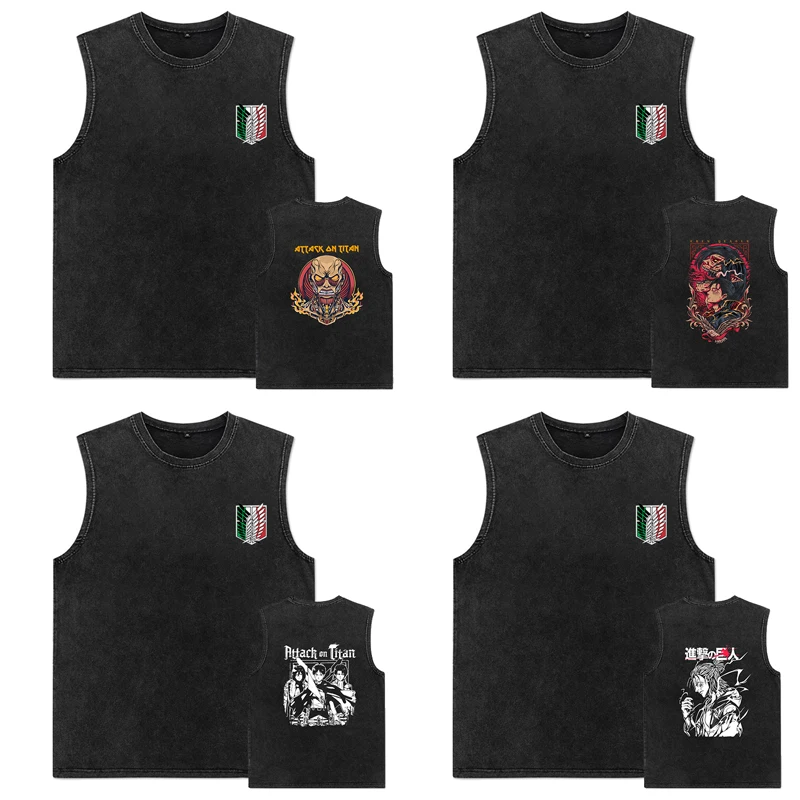 

Anime T Shirt Attack On Titan Washed T-Shirts Retro Sleeveless Shirts Punk Tank Tops Vest Summer Vests