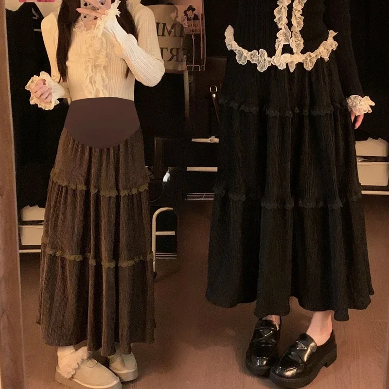 Autumn Winter Maternity Luxury Skirts Fashion Ruffles Lace Patchwork High Waist Pregnant Woman Ball Gown Skirt Cake Skirts Sweet