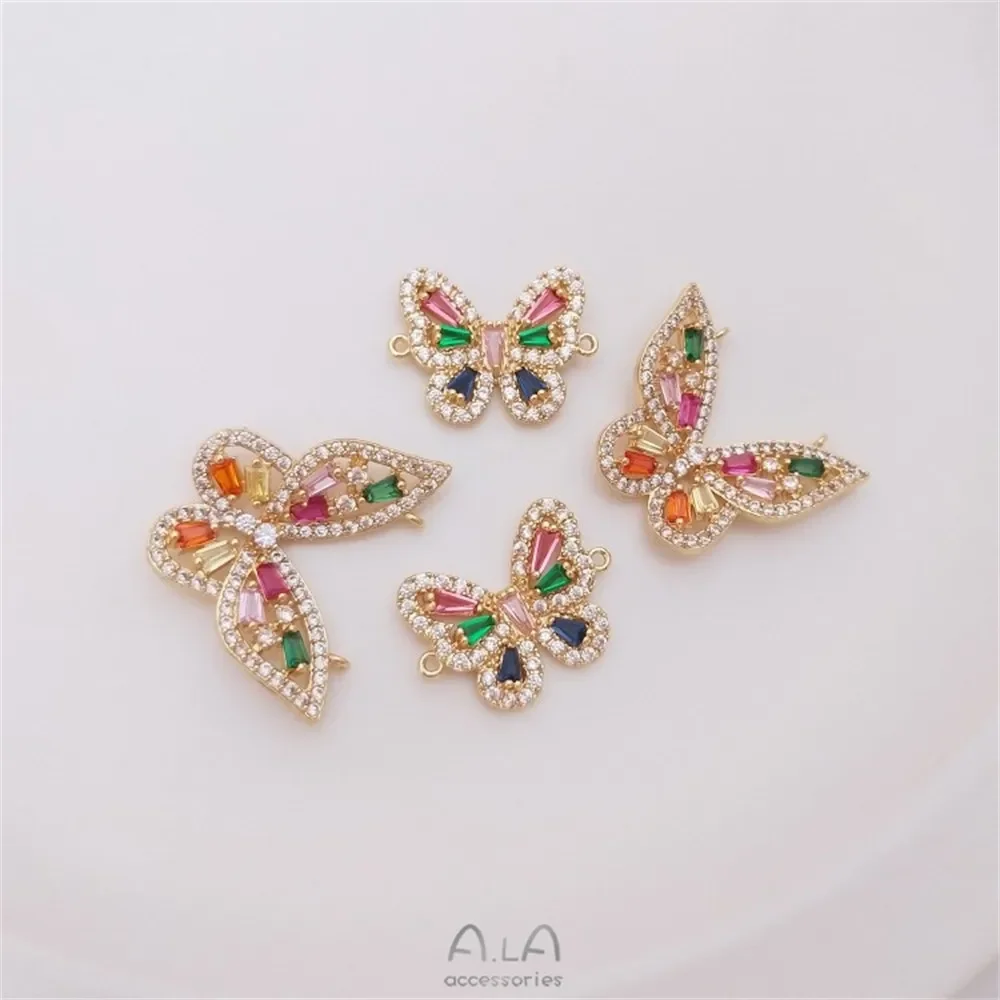 14K  골드 마이크로 상감 컬러 지르코늄 나비 펜던트 목걸이, 이중 걸이식 DIY 수제 팔찌 액세서리