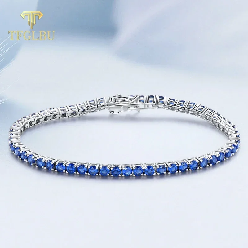 

TFGLBU 3mm Shine Round Cut Nano Sapphire Bracelet for Women New Colorful Gem Solid 925 Silver Tennis Bangle Party Birthday Gift