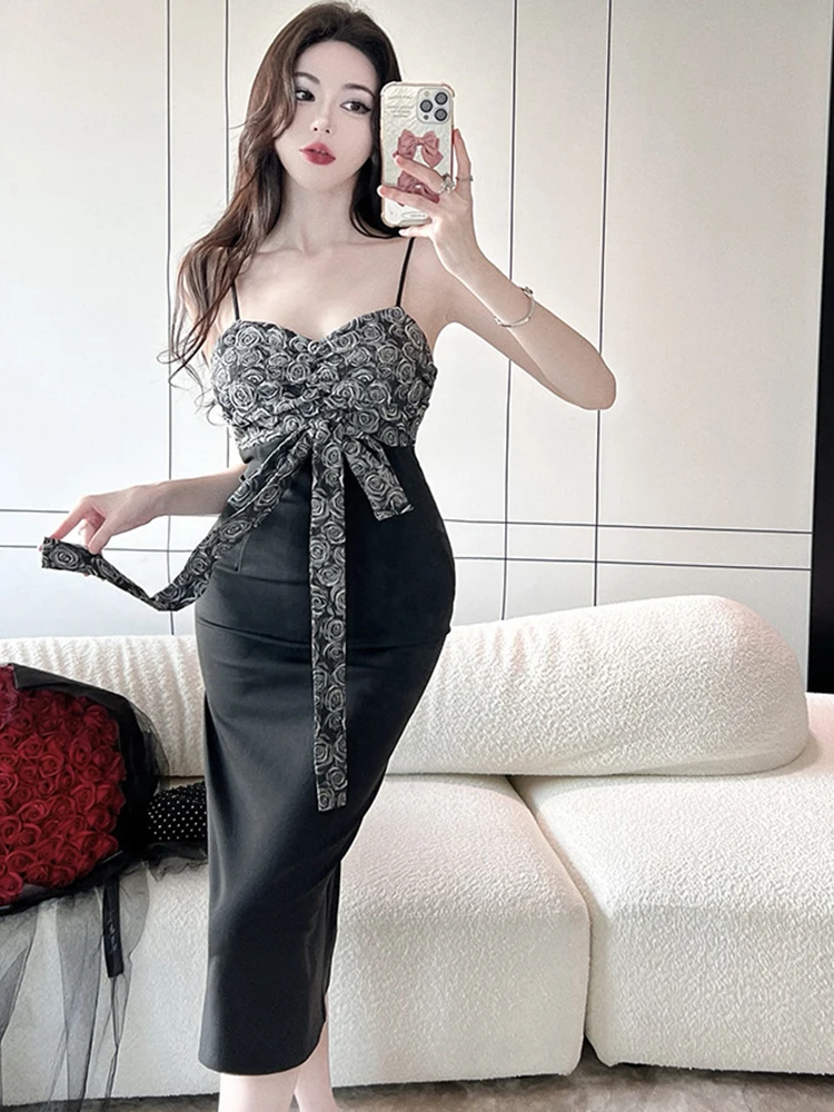 

New Summer Elegant Women Evening Dress Chic Floral Sexy Strap Backless Silm Midi Party Club Prom Black Robe Femme Mujer Vestidos