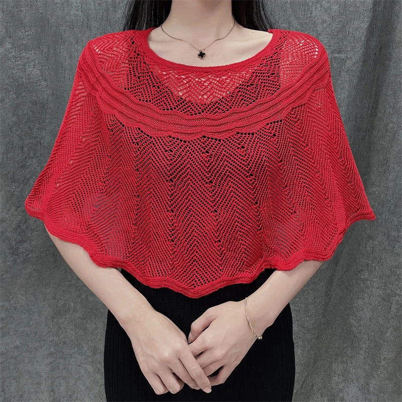 S6d11bcfdba554155952f91551da4c3e9c Korean Ice Silk Hollow Knit Sunscreen Shawl Female Summer Air Conditioning Neck Protection Pullover Knit Blouse Women's Cape V35 Mallzona