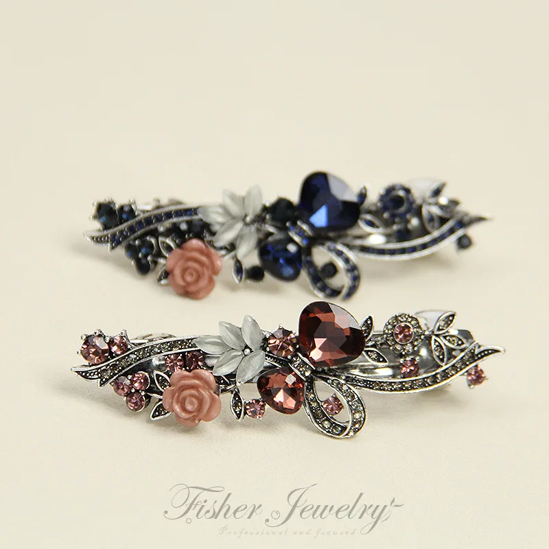 Hair Clip Red Crystal Flower Bow Spring Vintage Ink Blue Rhinestone