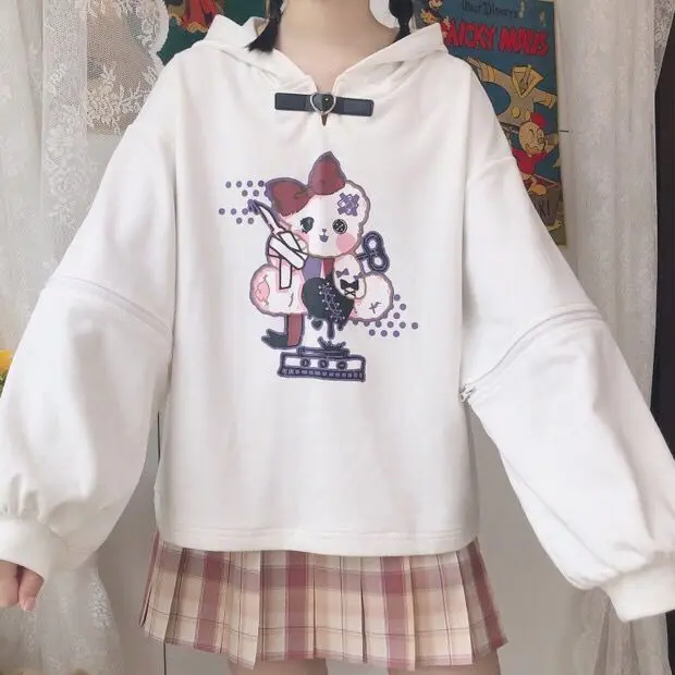 Autumn Sleeves Detachable Bear Print Pullover Hooded Sweatshirt Sweet Women Kawaii Buckle Neck Hoody Teenager Girl Outwear