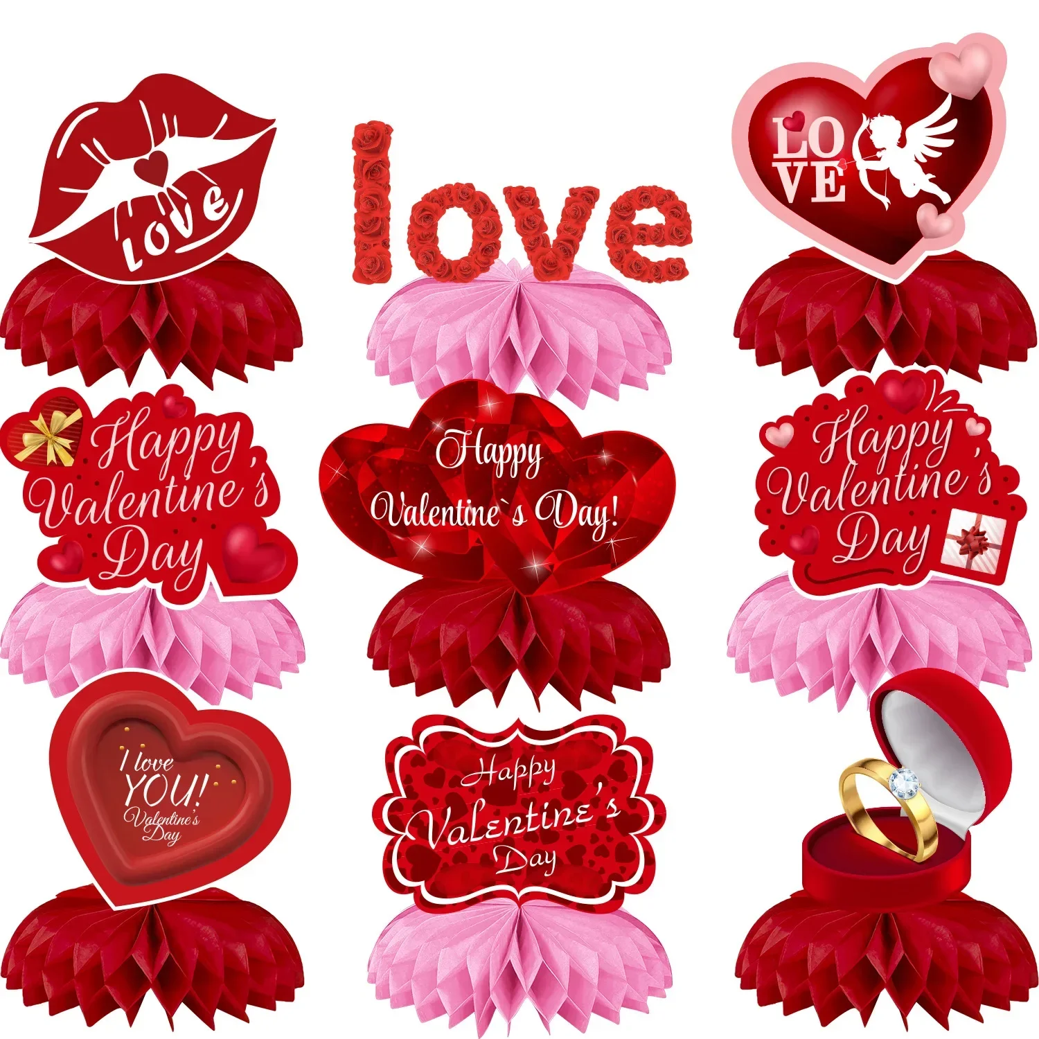 

2024 Valentine's Day Honeycomb Red Love Heart I Love You Cupid Angel Diamond Ring Table Ornaments Happy Valentine Day Decor