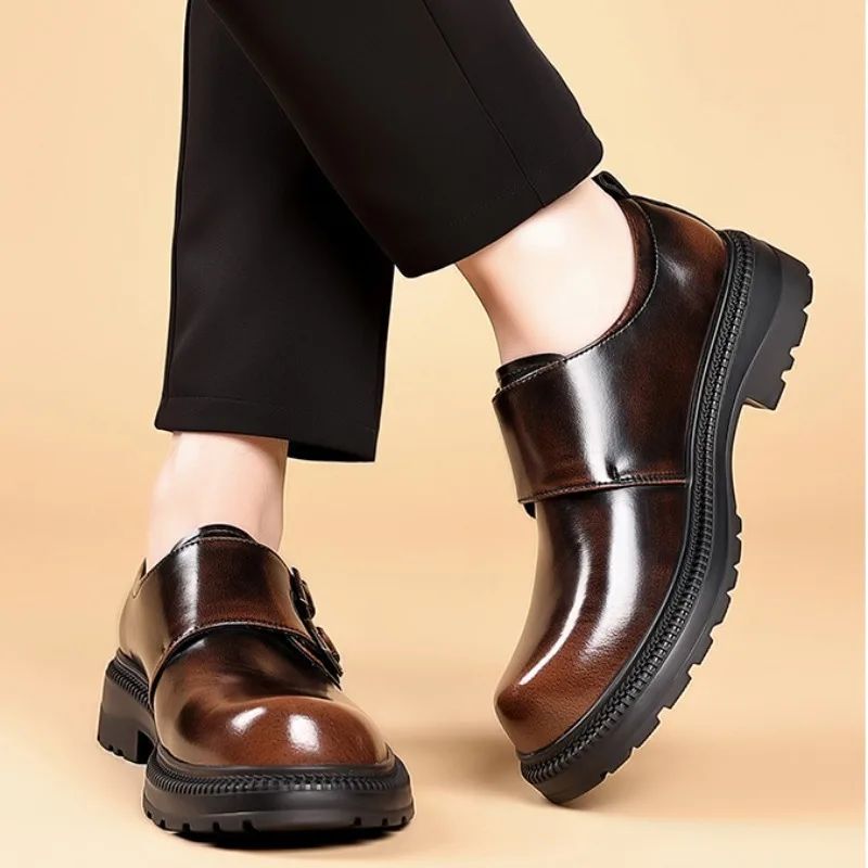 British Cowhide Platform Metal Buckle Leather Shoes for Men Designer Soft-soled Men's Wedding Shoes Fashion Business Shoe Male 6