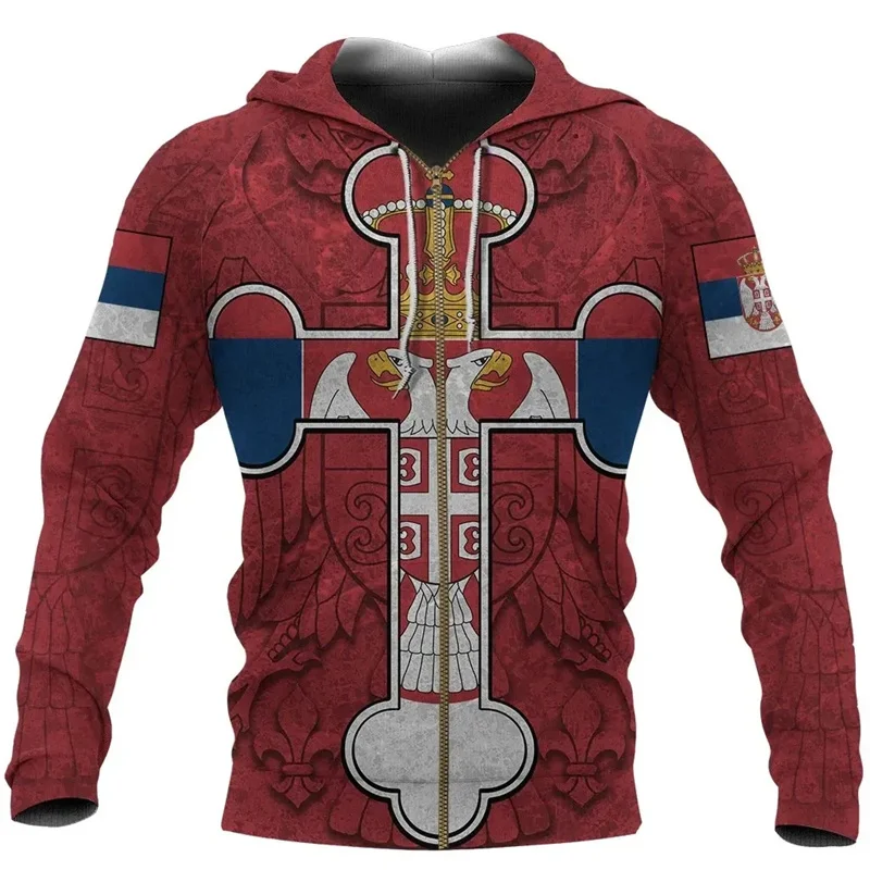 thumbnail image 1 of Sudadera con cremallera y estampado 3D de la bandera de Serbia para hombre, sudadera con estampado del emblema nacional de Serbia, sudaderas casuales de moda para la calle, sudaderas con capucha, 1 of 5