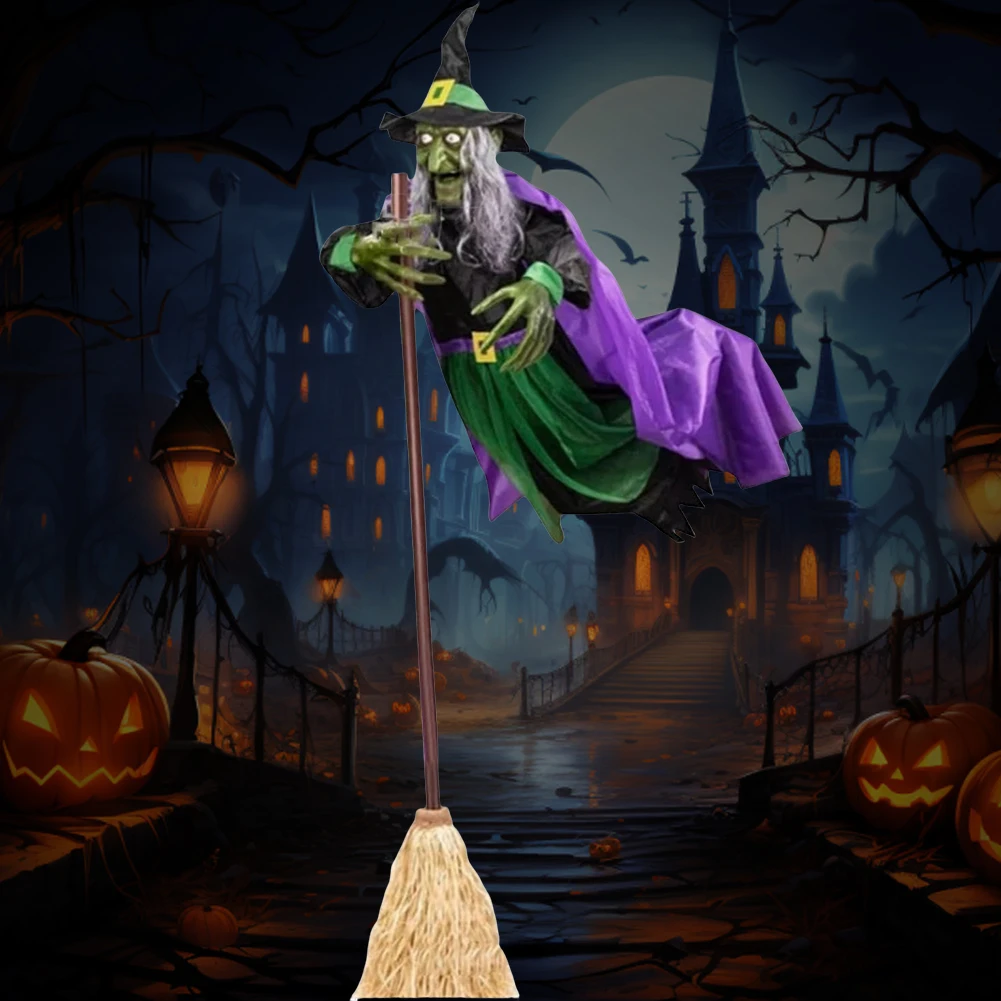 Halloween 180cm Flying Witch Decor Hovering Flying Witch Decorations with Scary Sound Halloween Props Horror Themed Scary Props