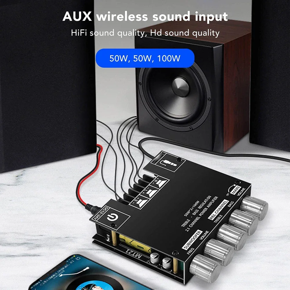 고음 및 저음 조절 기능이 있는 2.1 채널 블루투스 5.0 AMP 보드 50Wx2+100W 앰프 보드 DIY 스피커용 BT 3.5mm AUX