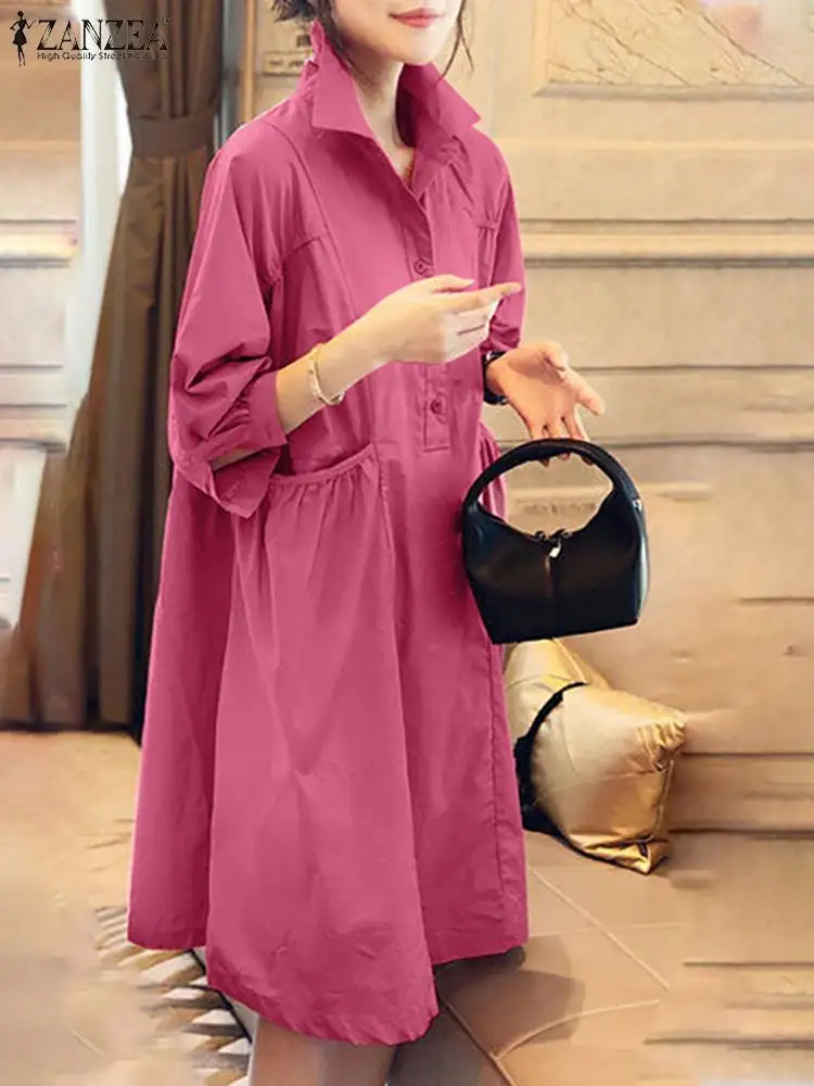 

Women Fashion Casual Loose Midi Sundress Elegant Party Work Vestido 2024 ZANZEA Summer Lapel Neck 3/4 Sleeve Solid Shirt Dress