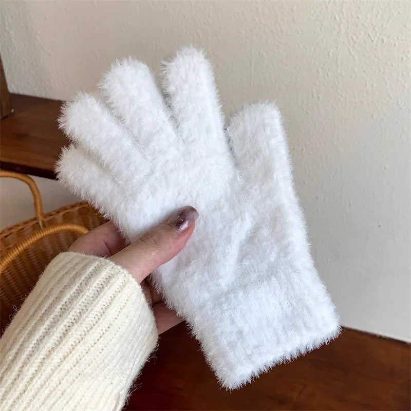 Korean Faux Fur Full Finger Gloves Women Winter Cashmere Wool Thick Warm Wrist Plush Gloves Solid Color Mittens