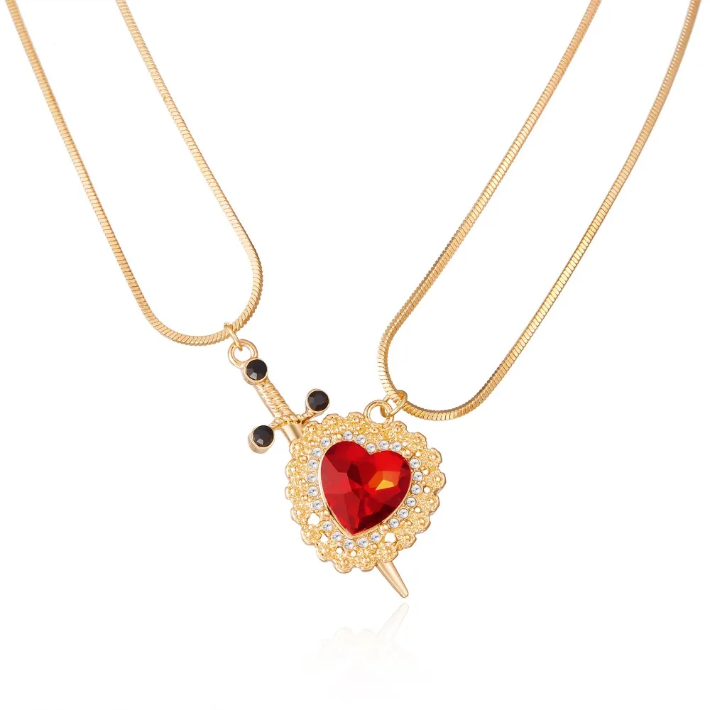 Gothic Punk One Arrow Through The Heart Creative Two Color Couple Red Rhinestone Heart Dagger Pendant Necklace Good Friend Gift