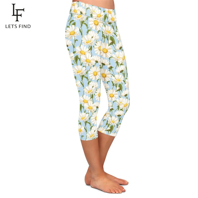 LETSFIND Summer Style Fresh Little Daisy Pattern Print Women Leggings High Waist  Slim Stretch Capri Leggings