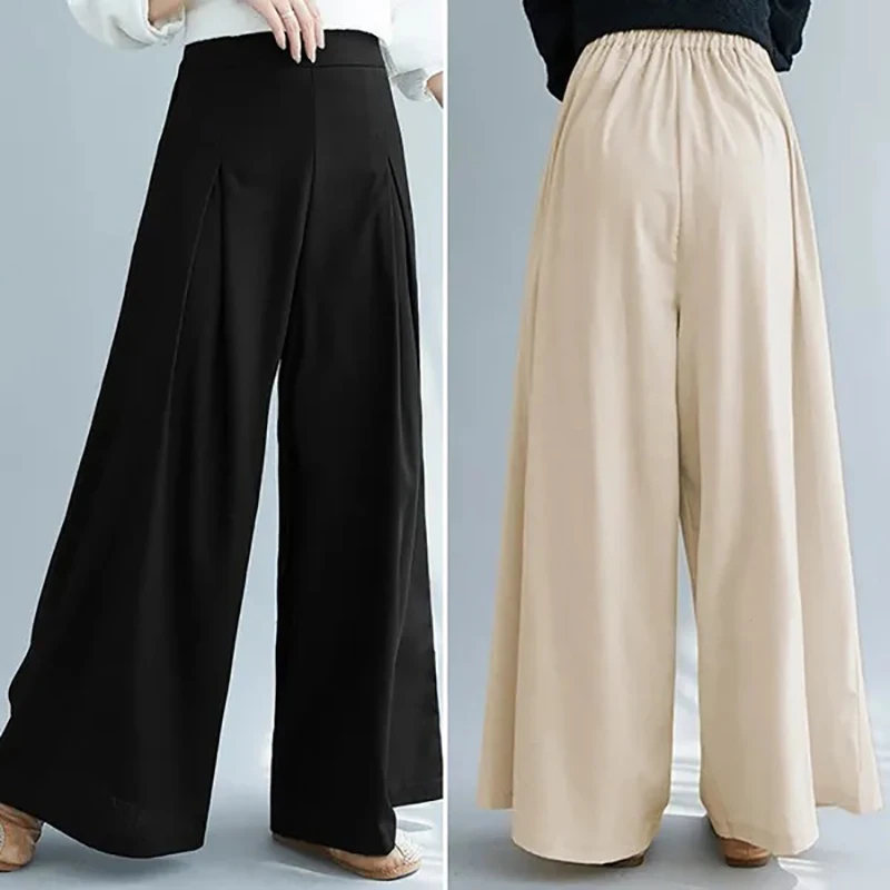 

Women New Summer Casual Loose Wide Leg Palazzo Pant Plain Solid Smocked Elastic High Waist Pleated Flared Trousers with Pockets