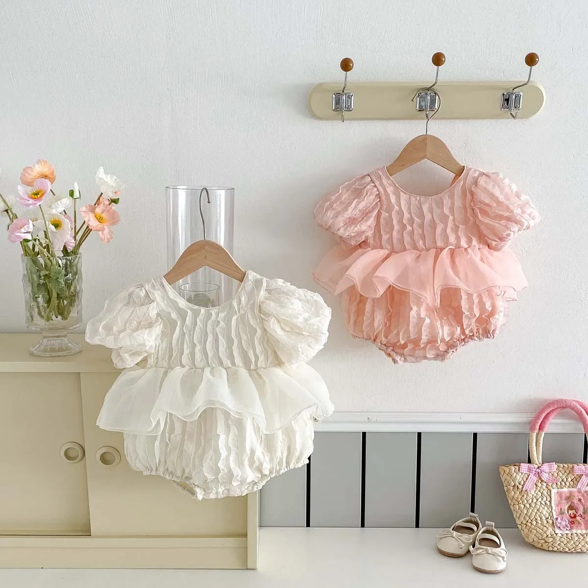 Sweet Baby Girl Summer Romper with Bubble Sleeves And Backless Design Tulip Pattern Lace Trimmed Footless Crawling Suit