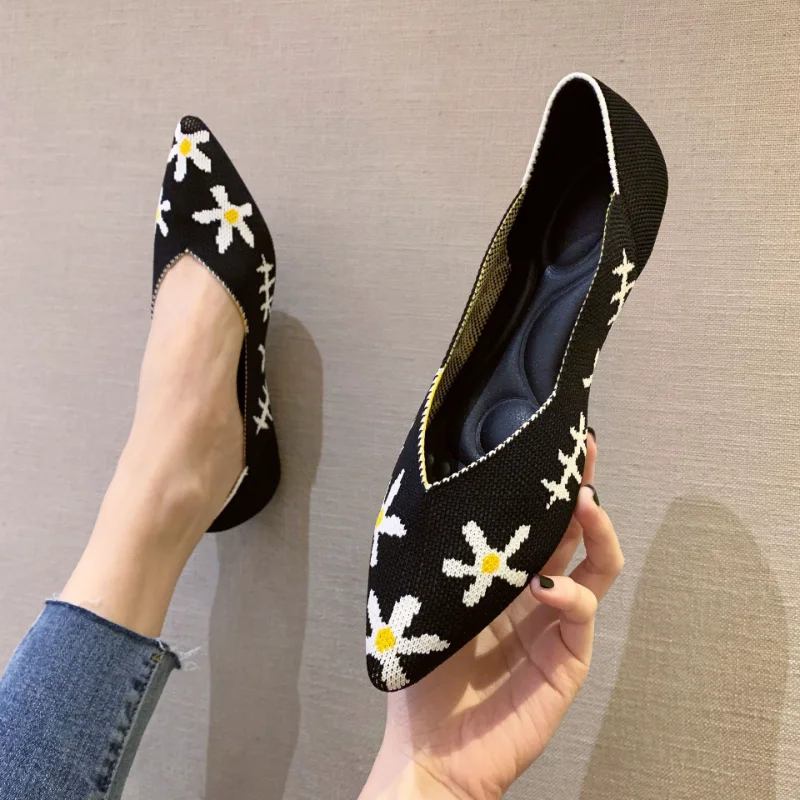 New Woman Loafers Ladies Flats Knit Pointed Shoes Women Shoes Ballet Shoes Mixed Color Shoes Zapatos De Mujer Large Size