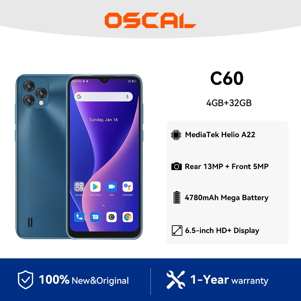 OSCAL C60 Smartphone , 6.5 inch HD+IPS Display , Helio A22 , 4GB + 32GB, 4780mAh ,13MP + 5MP Camera Mobile Phone with Android 11