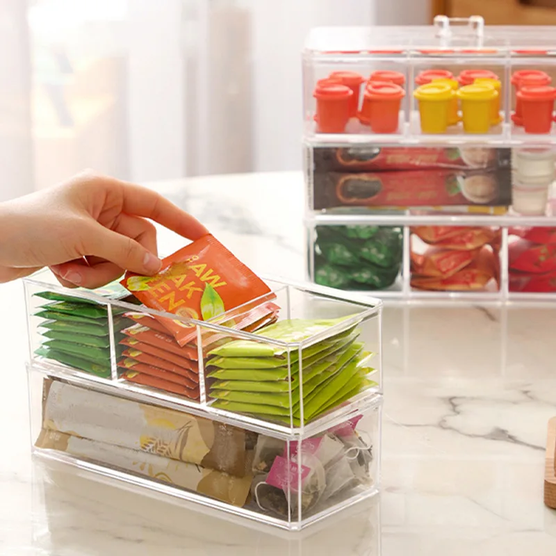 3 Cells Acrylic Storage Divider Box Tea Bag Storage Box Drawer Coffee Capsule Sorting Visible Acrylic Sealed Tank tea tin box