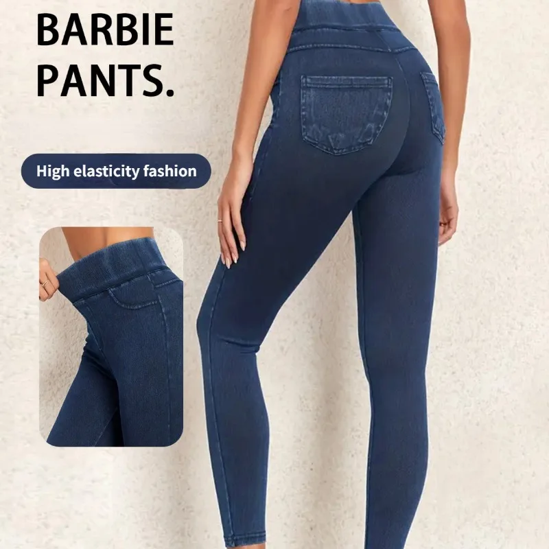 Women's Faux Denim Yoga Leggings Fitness Stretch Leggings High Waisted Fashionable Skinny Tights Gym Workout Running Pants 1
