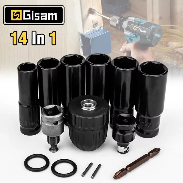 Gismo 14 pièces ensemble clé à chocs électrique Kit d'adaptateur de douille hexagonale adaptateur d'entraînement de mandrin de forage pour tournevis de clé de perceuse électrique 1