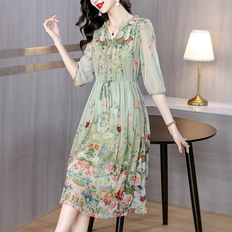 2025 Spring Formal Occasion Floral Silk Luxury Midi Dress Women Vintage Boho Beach Hepburn Prom Summer Elegant Casual Vestidos 2