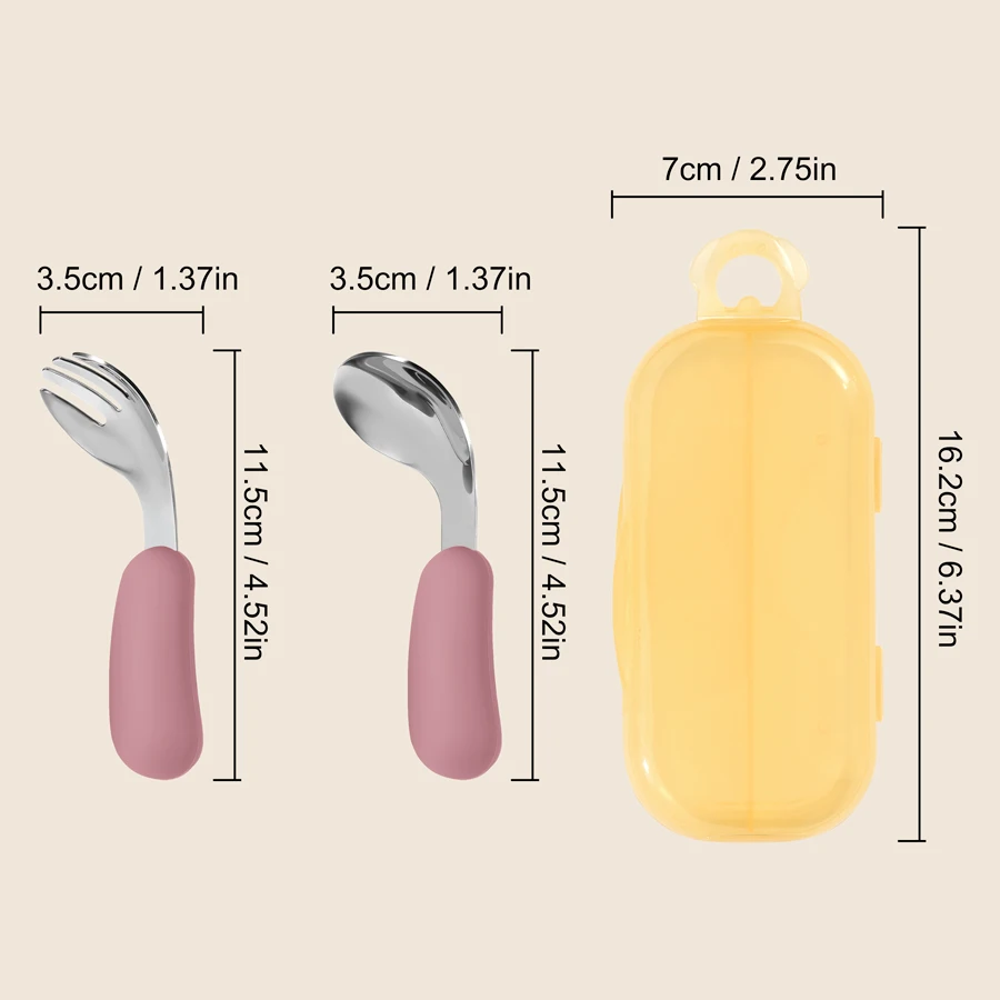2PCS Baby Silicone Stainless Steel Fork Spoon Feeding Set Portable Kids Training Weaning Tableware Toddler Utensils Baby Stuff