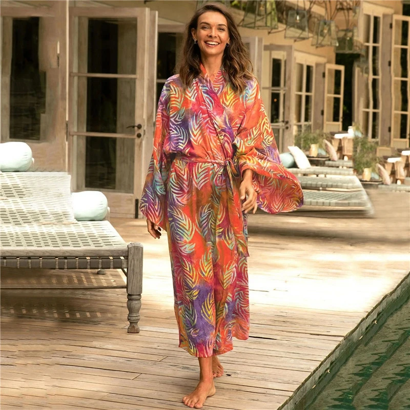 

Foliage Batik Kimono With Belt For Women Artsy Tropical Miami Beach Cover Up Stunning Japanese Coat Gradient Coloful Overclothes