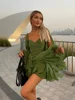 Women Fashion Chiffon Pleated Lace Up High Waist Mini Dress Chic Green Hollow Out Full Sleeve A-line Dresses Lady Beach Robes ﻿ 3