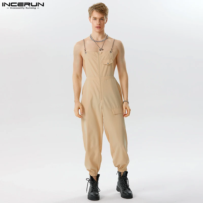 

American Style Men's Solid All-match Cargo Pants Jumpsuits Casual Streetwear Chain Connection Design Rompers S-5XL INCERUN 2023