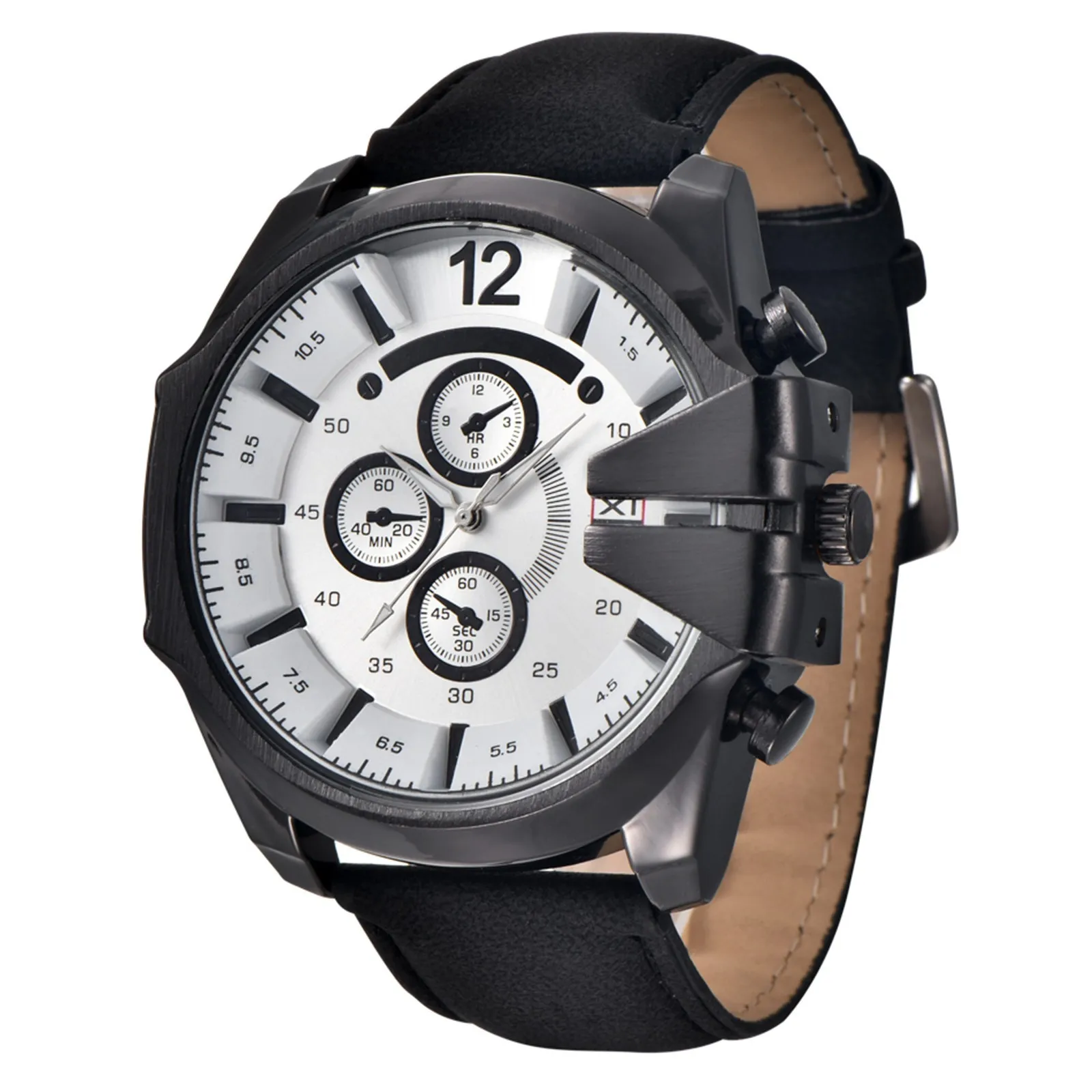 

Watch Men's Fashion Design Fake Three Eyes Six Needles Large Dial Quartz Analog Wristwatch Mechanical Style Unique Teen Boys