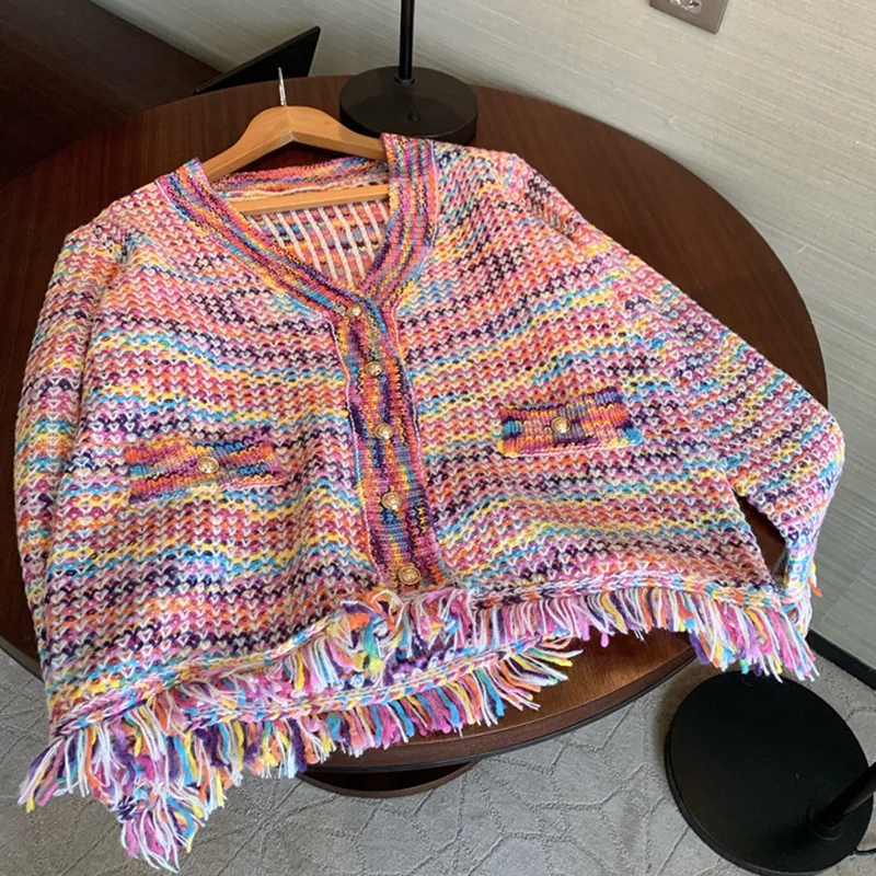 New Autumn Rainbow Color knitted Sweater Women Fashion V-Neck Tassel Decoration Cardigan Lady Retro Single-Breasted Casual Tops 5