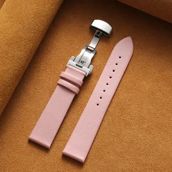 Sleek Genuine Leather Watch Band with Butterfly Buckle - 22mm (Pink)