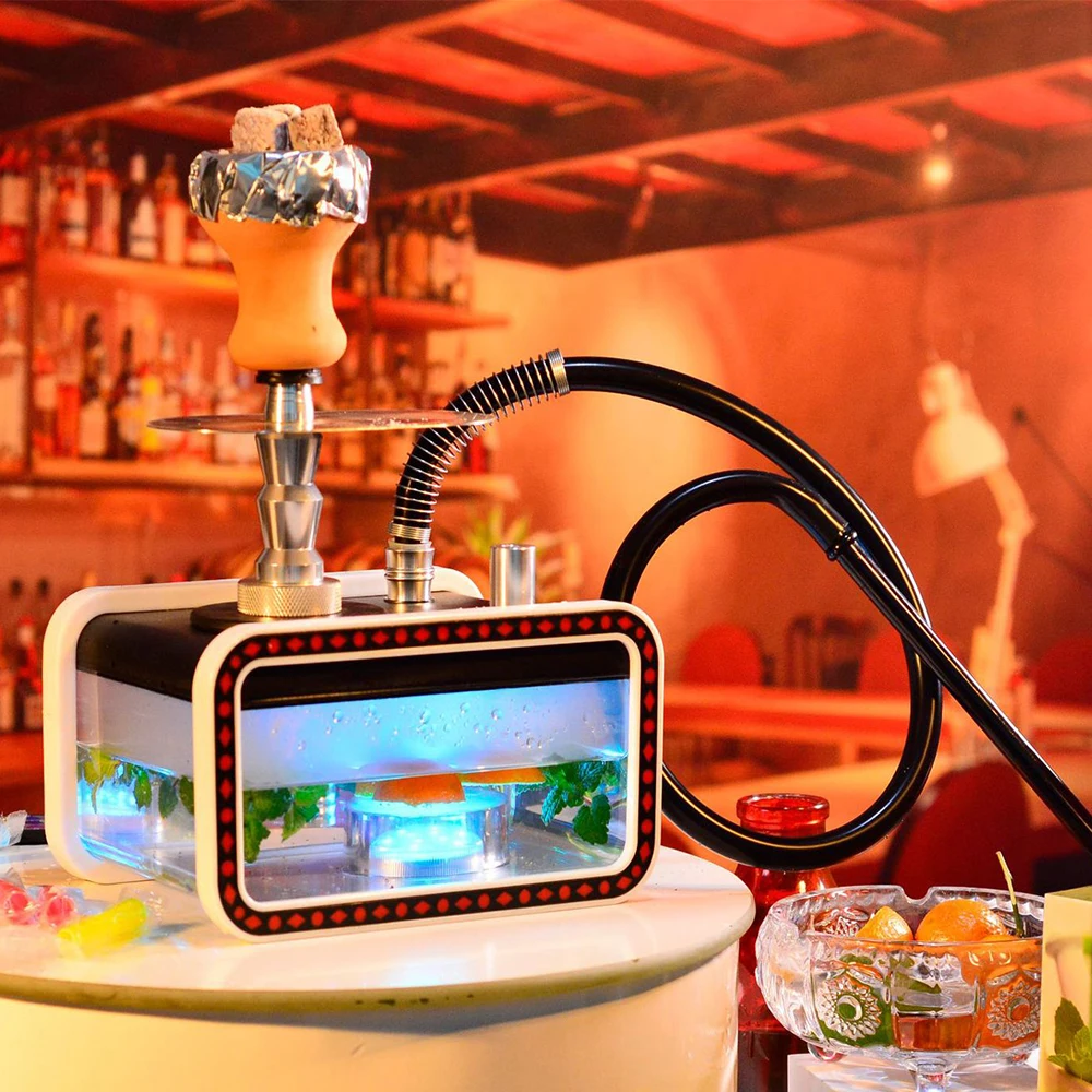 SMO LED Light Square Tank Hookah Set with Ceramic Shisha Bowl Narguile Complete Full Set Smoking Pipe Accessories Cool Gadget